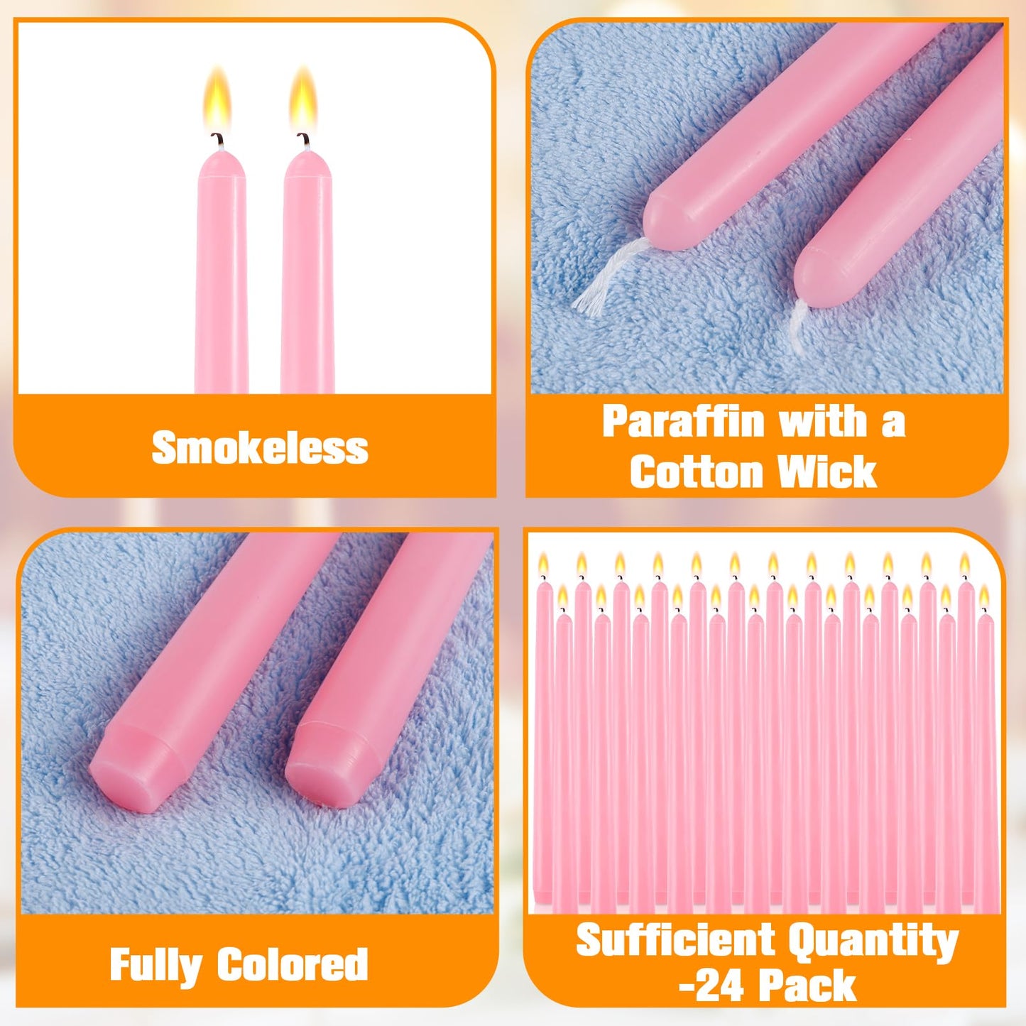 PIEMEET 24 Pack Taper Candles, 10 Inch Pink Tapered Candles, Unscented Tall Candlesticks, Smokeless & Dripless Long Taper Candle Sticks for Wedding Dinner Parties Home Decor(10 Hours Burn Time)