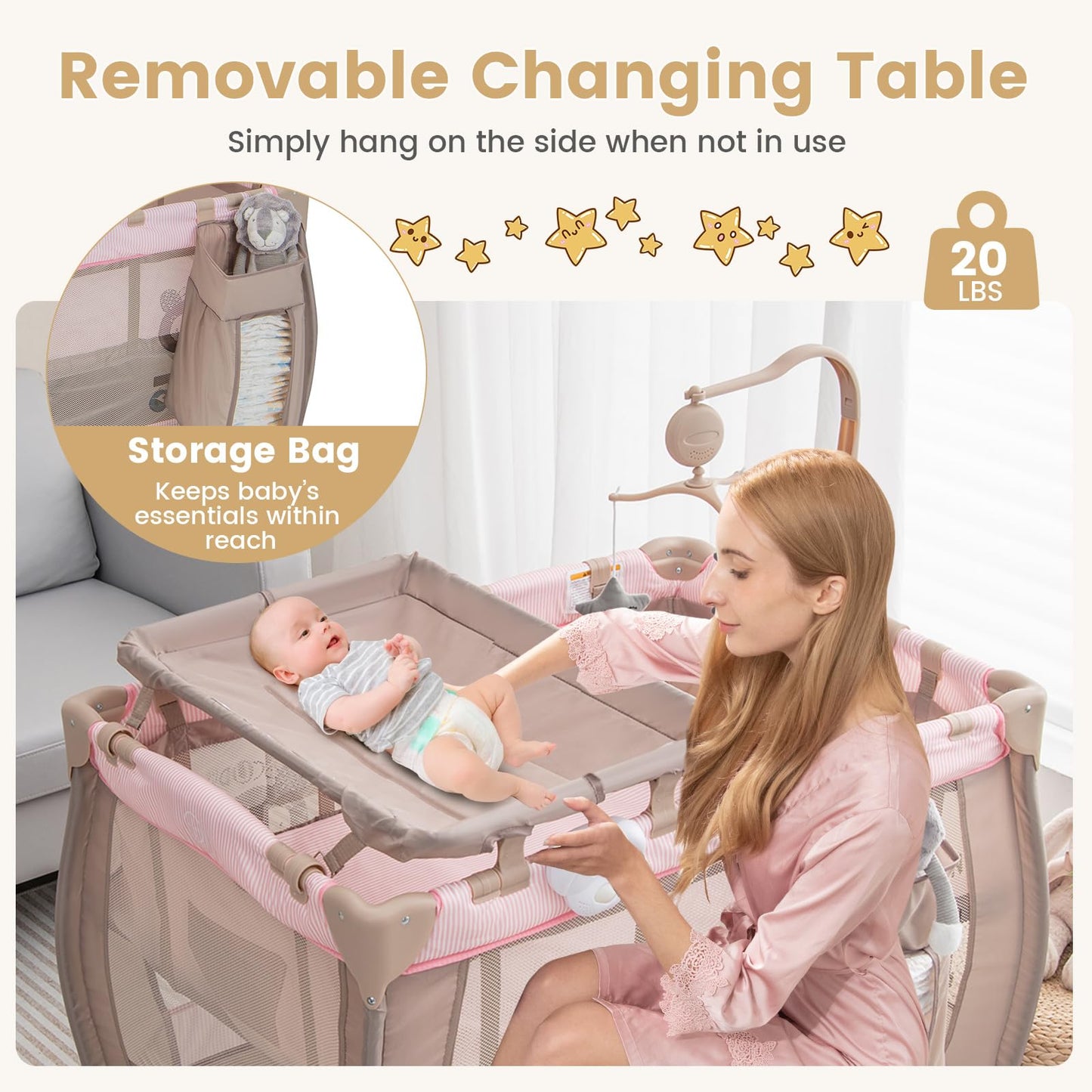 Costzon 3 in 1 Pink Pack and Play with Bassinet, Portable Baby Playard with Changing Table, Music Box, Hangings, Wheels/Brake, Basket, Foldable Infant Pink Bassinet Crib for Baby Girl Toddlers
