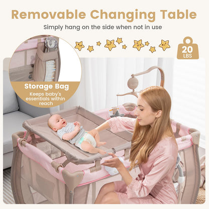 Costzon 3 in 1 Pink Pack and Play with Bassinet, Portable Baby Playard with Changing Table, Music Box, Hangings, Wheels/Brake, Basket, Foldable Infant Pink Bassinet Crib for Baby Girl Toddlers