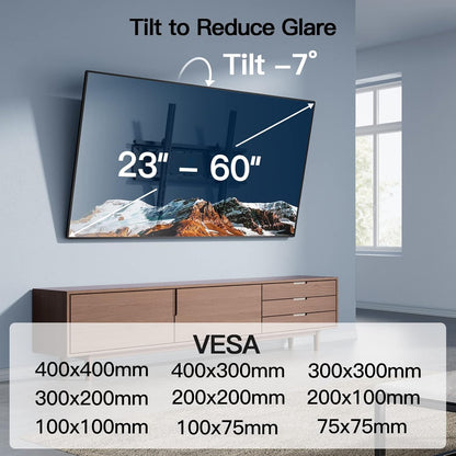 Perlesmith Tilting TV Wall Mount Bracket - Low Profile for 23-60 Inch Flat Screen TVs | VESA 400x400mm, 115lbs Capacity