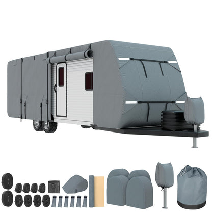 Mofeez Travel Trailer RV Cover, Extra-Thick Upgraded 7 Layers for Camper Cover 27'-30' Windproof Waterproof Rip-Stop RV Covers with Adhesive Repair Patches, 2Pcs Extra Straps & 4 Tire Covers