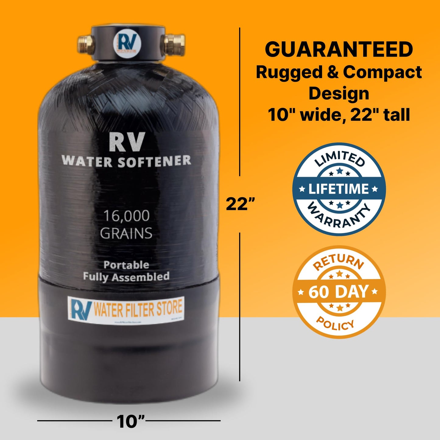 Essential RV Water Softener Portable 16,000 Grain w/o Custom Hose, Long Lasting for RVers Vanlife, 3/4" Fittings, Softens Hard Water When Traveling or Mobile Spot Reducing Car Washing