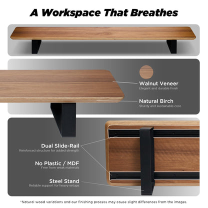 ULTRARM Moodular Wooden Monitor Stand 45.6” (116cm) Large Desk Organizer with Metal Slide Rails for Drawer, Tray, Laptop, Tablet, Phone & Headphones Customizable Riser for Organized Workspace Walnut
