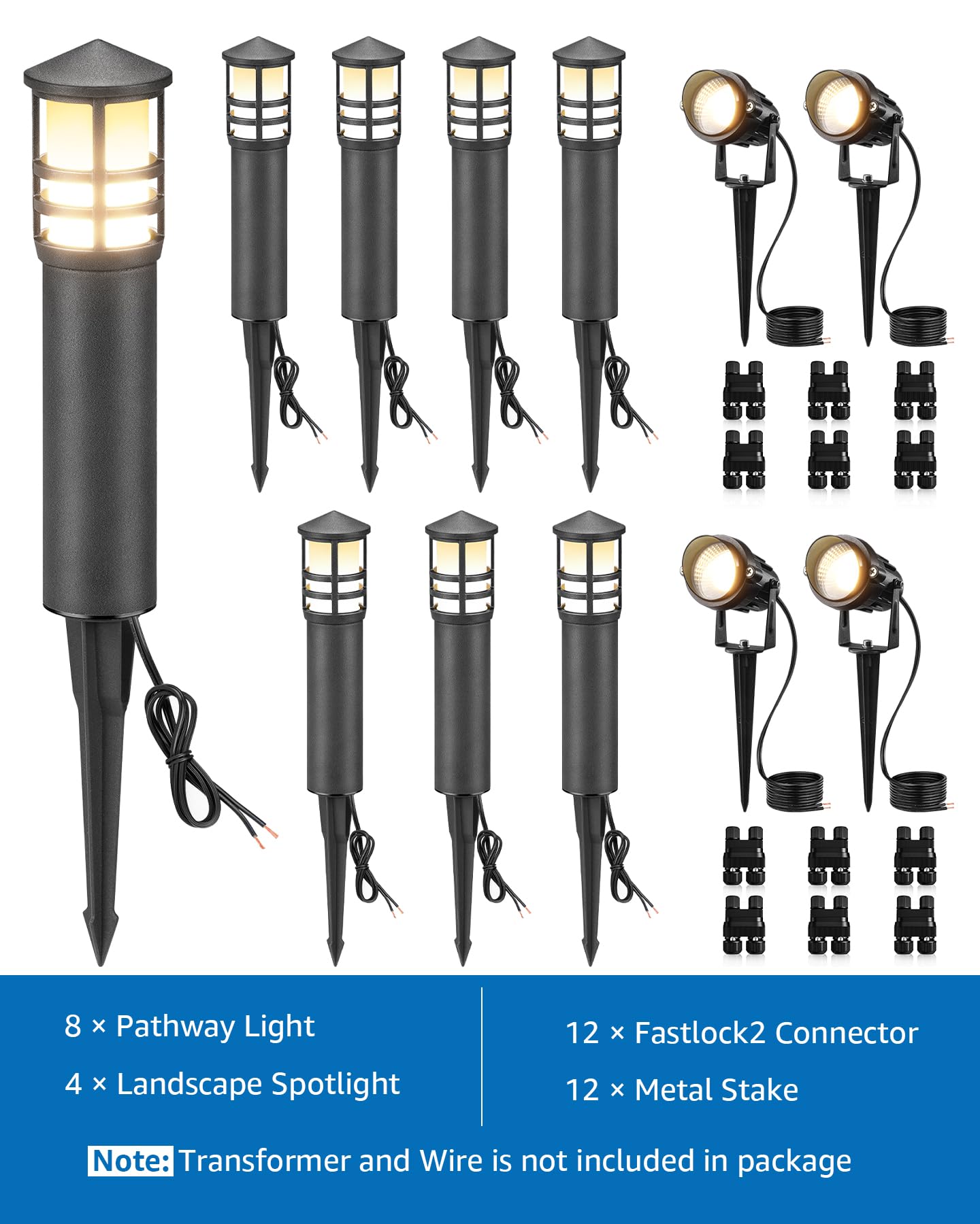 SUNVIE 12-Pack Low Voltage Landscape Lighting Kit LED Bollard Pathway Lights Wired with Spotlights for Garden, Path, Yard, Patio, Cast-Aluminum, IP65 Waterproof, 12-24V AC/DC, 3000K Warm White, Black