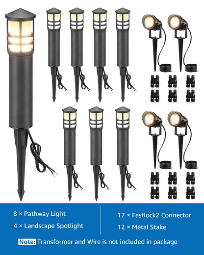 SUNVIE 12-Pack Low Voltage Landscape Lighting Kit LED Bollard Pathway Lights Wired with Spotlights for Garden, Path, Yard, Patio, Cast-Aluminum, IP65 Waterproof, 12-24V AC/DC, 3000K Warm White, Black