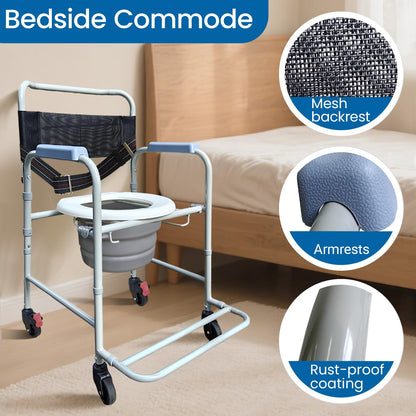 Aliseniors 3-in-1 Shower Chair with Wheels, Portable Bedside Commode & Toilet Safety Rail, Rust-Proof Rolling Commode for Elderly & Disabled, Fits Narrow Bathroom Doors, Waterproof, 250 lbs Capacity