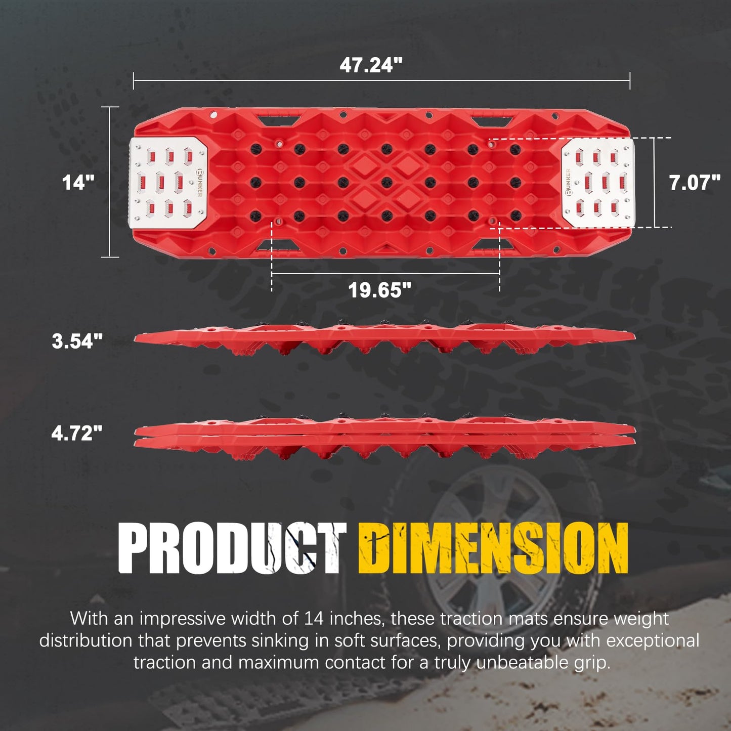 BUNKER INDUST Offroad Traction Board with Jack Base,Pair 47.24"L x 14"W Recovery Track Tire Traction Mat -Red Sand,Mud,Snow Ramps (Replaceable Dual Colors Teeth/Rugged Steel Plate) Gen 11th