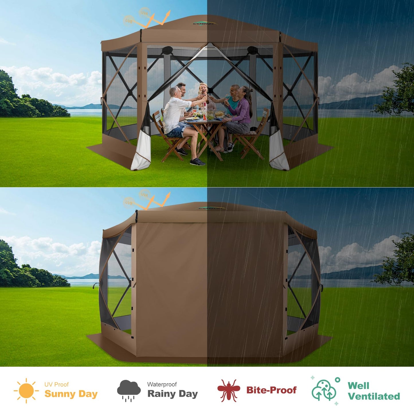 COBIZI 12x12 FT Pop Up Canopy Extendable Tent, Gazebos On Clearance, Screened in Gazebo,Screen Tents Portable carpas para Patio for Outdoor Camping,Backyard, Garden, Brown(Upgraded)