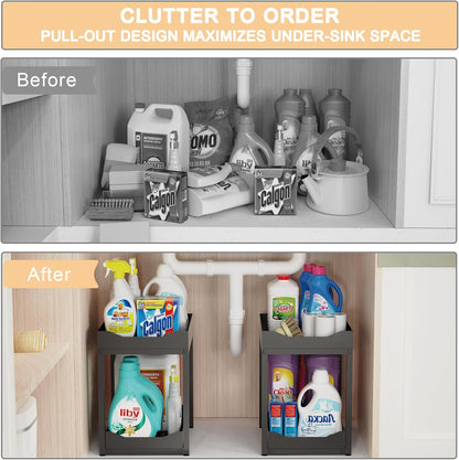 Skiennix 2-Tier Bathroom Organizer - Metal Under Sink Storage with Pull-Out Drawers | Black, 2 Pack