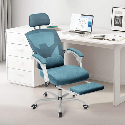 Ergonomic Office Computer Desk Chair with Lumbar Pillow and Retractable Footrest, High-Back Mesh Rolling Swivel Armchairs for Home, Gaming, Student, Blue