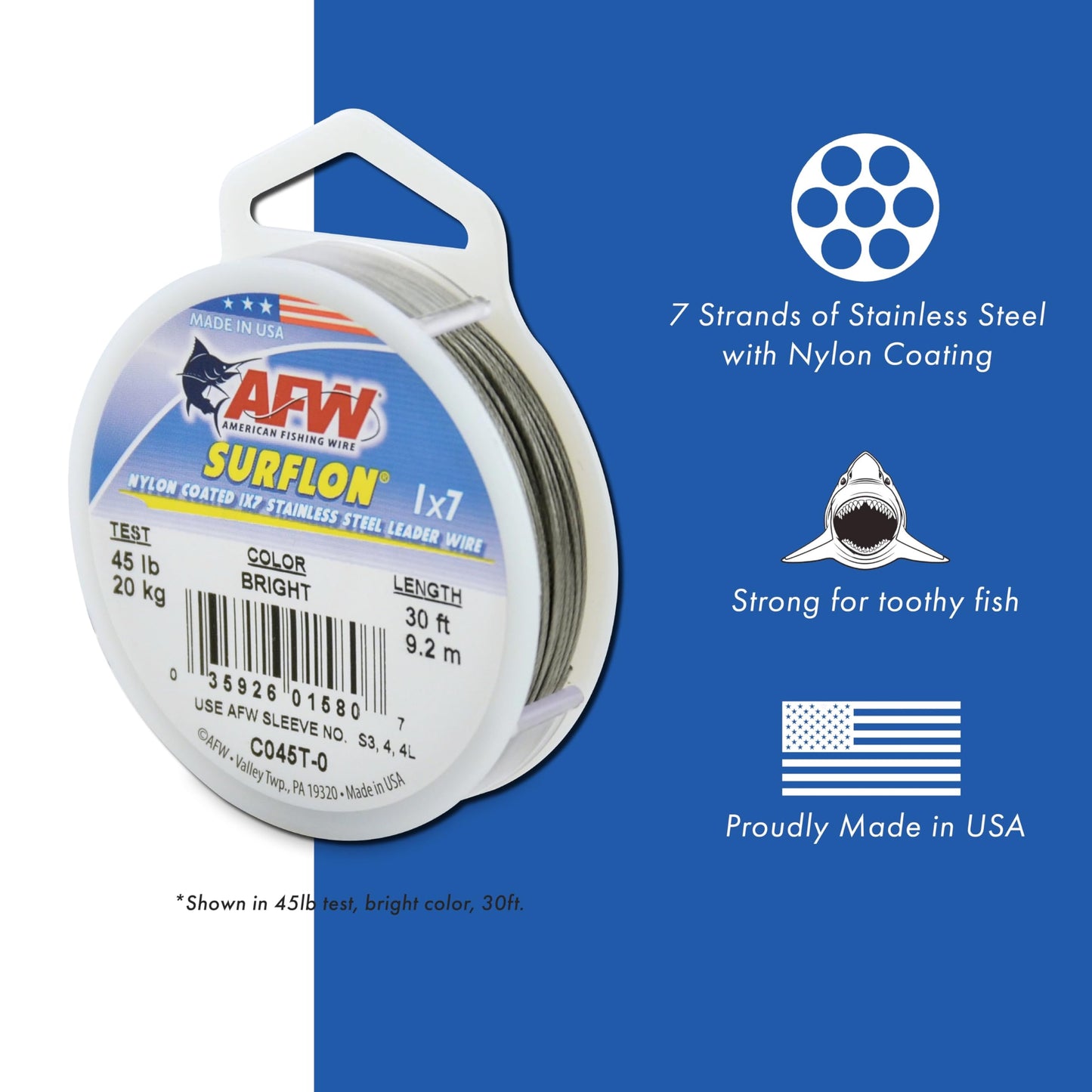 American Fishing Wire Surflon Nylon Coated 1x7 Stainless Steel Wire Leader - Wire Fishing Leader Line for Saltwater 10lb Up To 250lb Test in Bright, Black, Camo in 30ft, 100ft, 300ft, & 1000ft Lengths