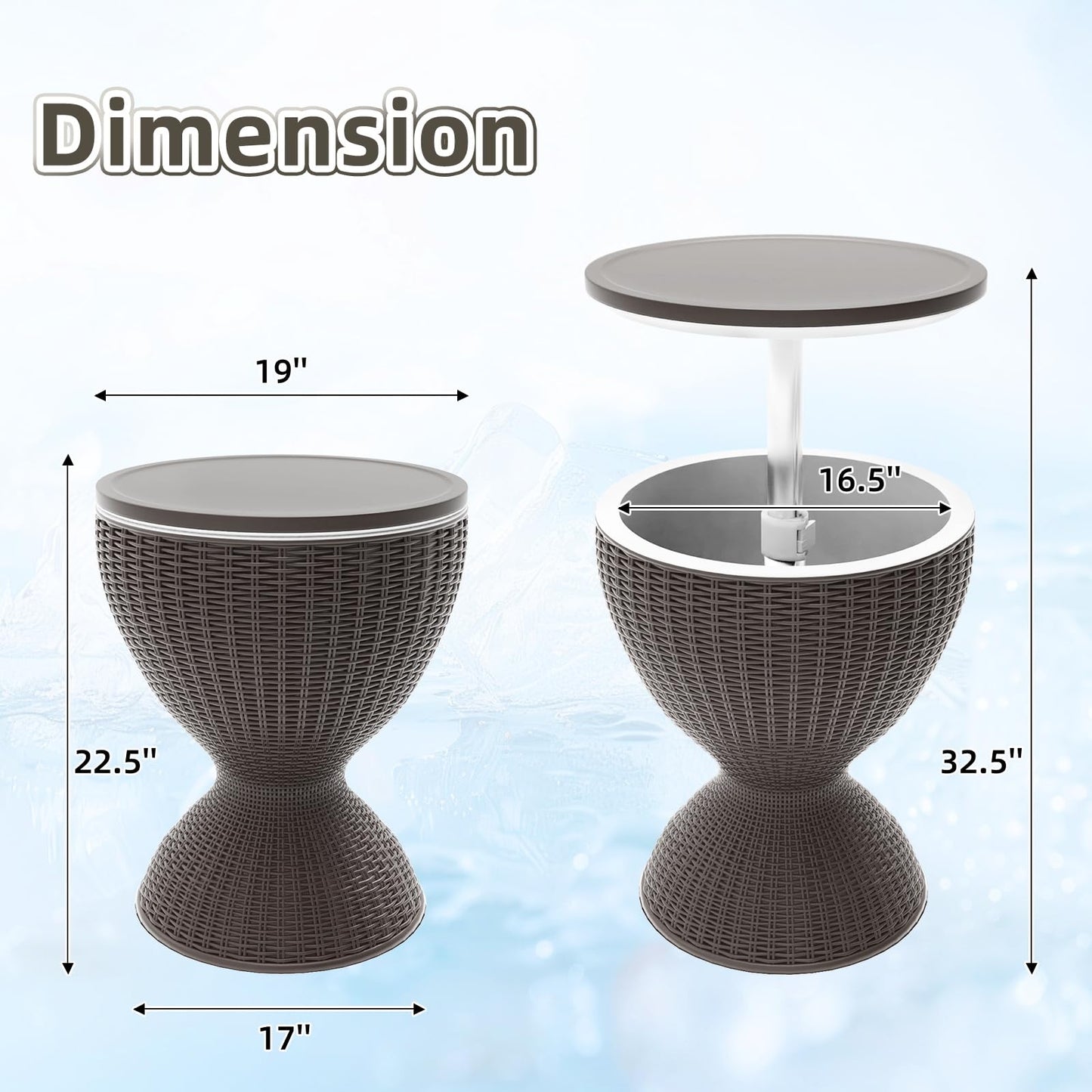 SHAREWIN Patio Cool Bar Table, Height-Adjustable Outdoor Bar Tables 8 Gallon Beer and Wine Cooler, 3-in-1 Rattan Style Ice Cooler with Drainage Plug for Pool Party (Grey)