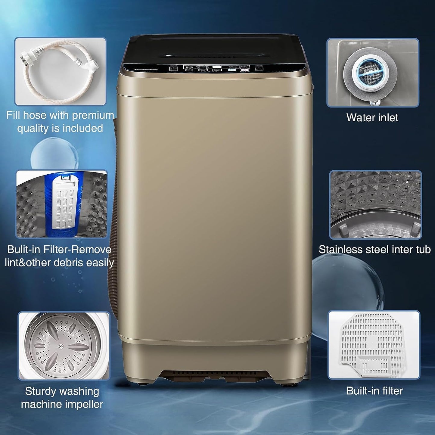Full Automatic Washing Machine with LED Display, 10 Programs & 8 Water Levels Selections, Portable Compact Laundry Washer with Drain Pump - Gold