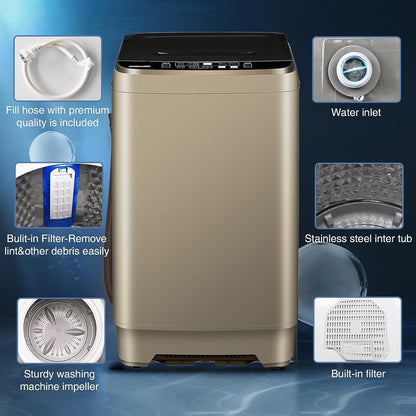 Full Automatic Washing Machine with LED Display, 10 Programs & 8 Water Levels Selections, Portable Compact Laundry Washer with Drain Pump - Gold