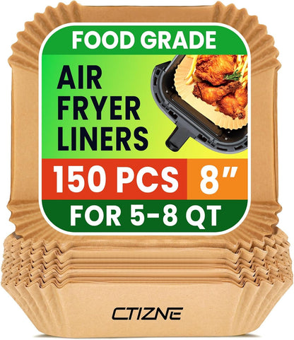 Air Fryer Liners - 150 Pcs 8" Square Unbleached Parchment Paper | Non-Stick & Waterproof for 5-8 QT Air Fryers
