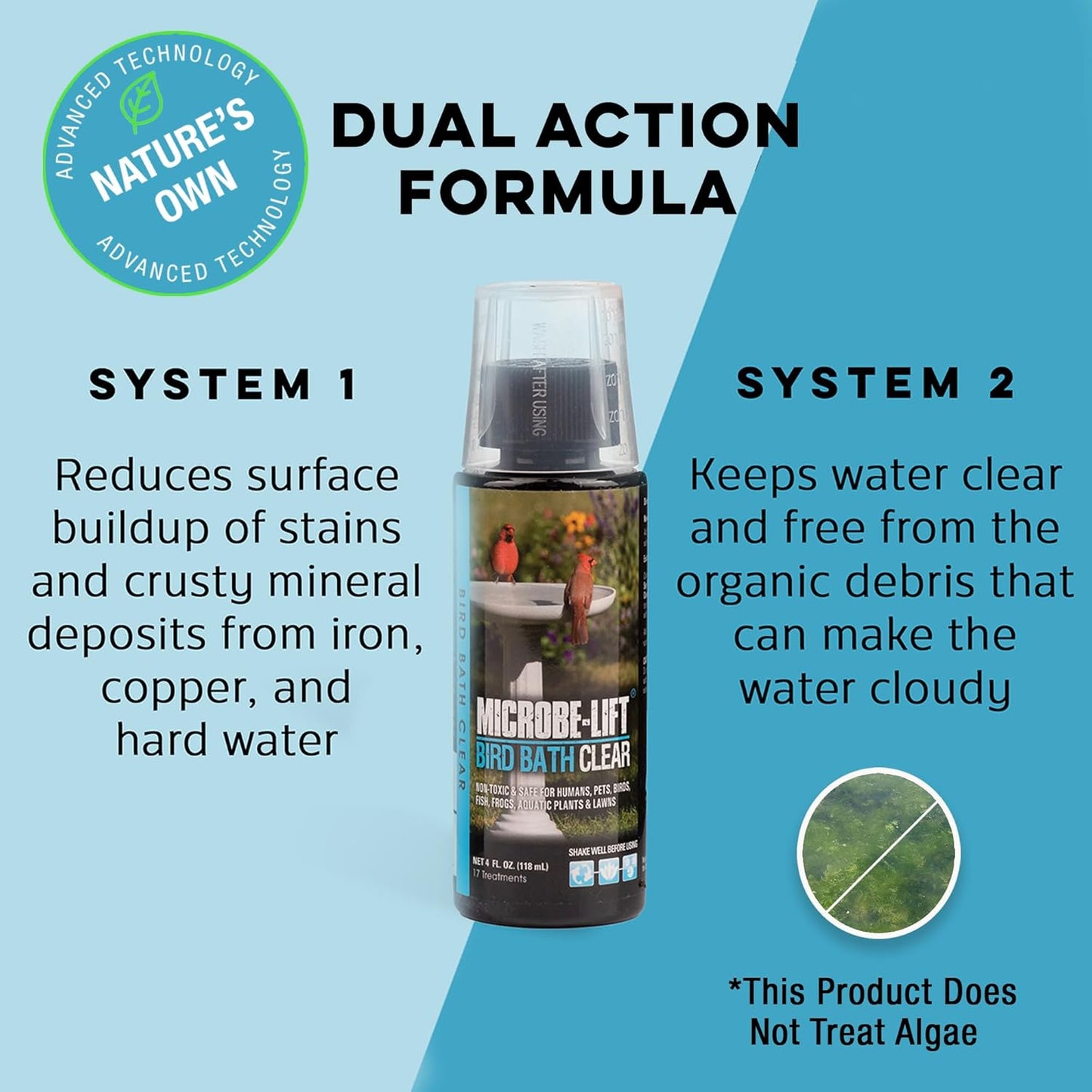 Microbe-Lift Bird Bath Cleaner - Two-in-One Natural Formula for Stain-Free Outdoor Fountains - 4 Oz