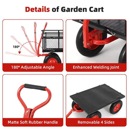 GarveeHome 1400Lbs Heavy Duty Steel Garden Cart, Garden Wagon Cart on Wheels, Metal Yard Utility Wagon with Removable Mesh Sides, 2-in-1 180° Rotating Handle and 16 Inch Wheels for Garden, Farm, Yard