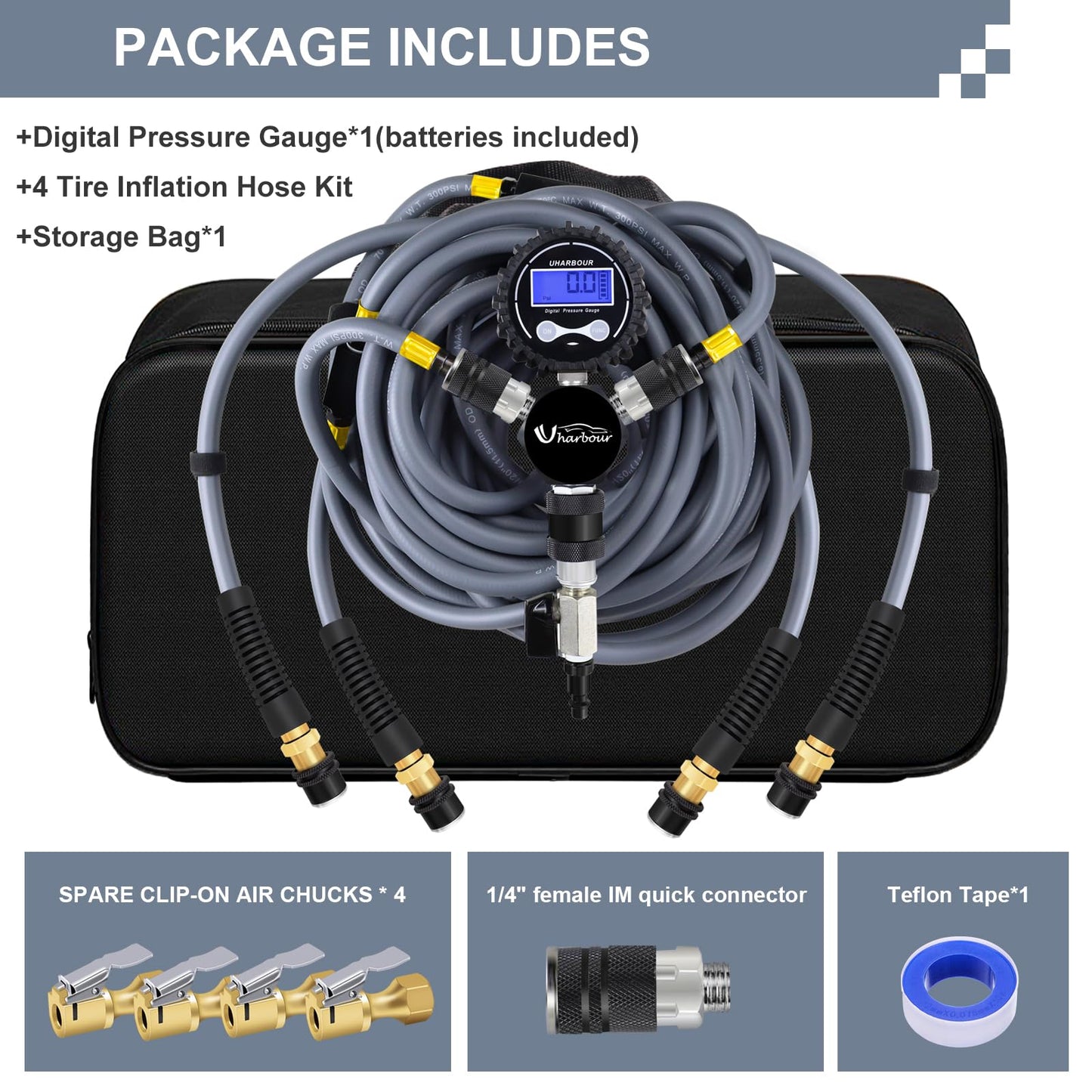 Uharbour 4 Tire Inflation Deflation System, 4 Tire Air Up Down System, 4 Tire Pressure Equalizer, Inflate or Deflate All 4 Tires at Once, Flexible Air Hose Fits Up to 155" Wheelbase.