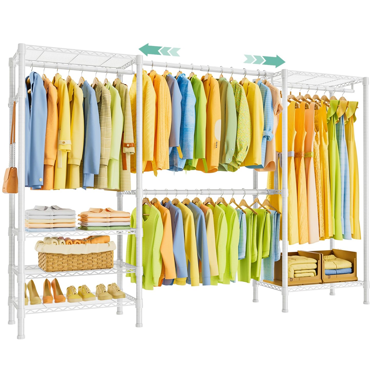 SEMHOR E06 Expandable Heavy Duty Clothes Rack for Reach-in Closet, Freestanding Clothing Racks with Shelves, Carbon Steel Closet Organizer System Adjustable from 70.8-93.9", Max Load 800LBS, White