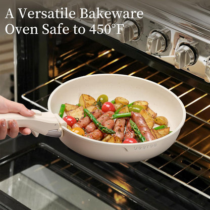 JEETEE Pots and Pan Set Non Stick 19 Pcs, Cookware Set Detachable Handle, RV Kitchen Cooking Set Removable Handles, Stackable Non-stick Set, Oven Safe, Beige