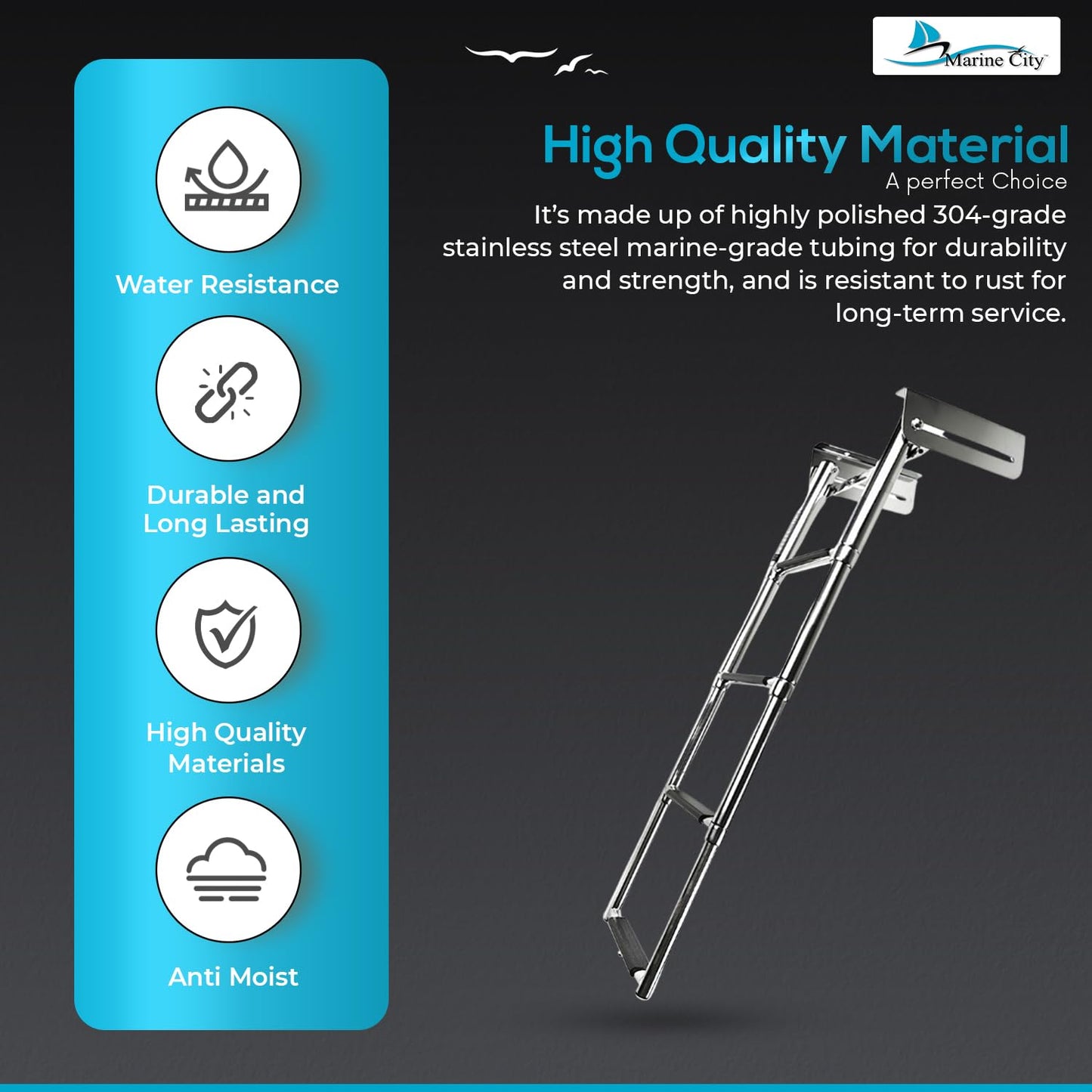 MARINE CITY 4-Step Telescoping Swim Ladder with Rubber Strap, 304 Stainless Steel, Sturdy, Strong & Smooth Fine Polished - Ideal for Boats, RVs, Ships, Yachts, Swimming Pools (Pack of 1)