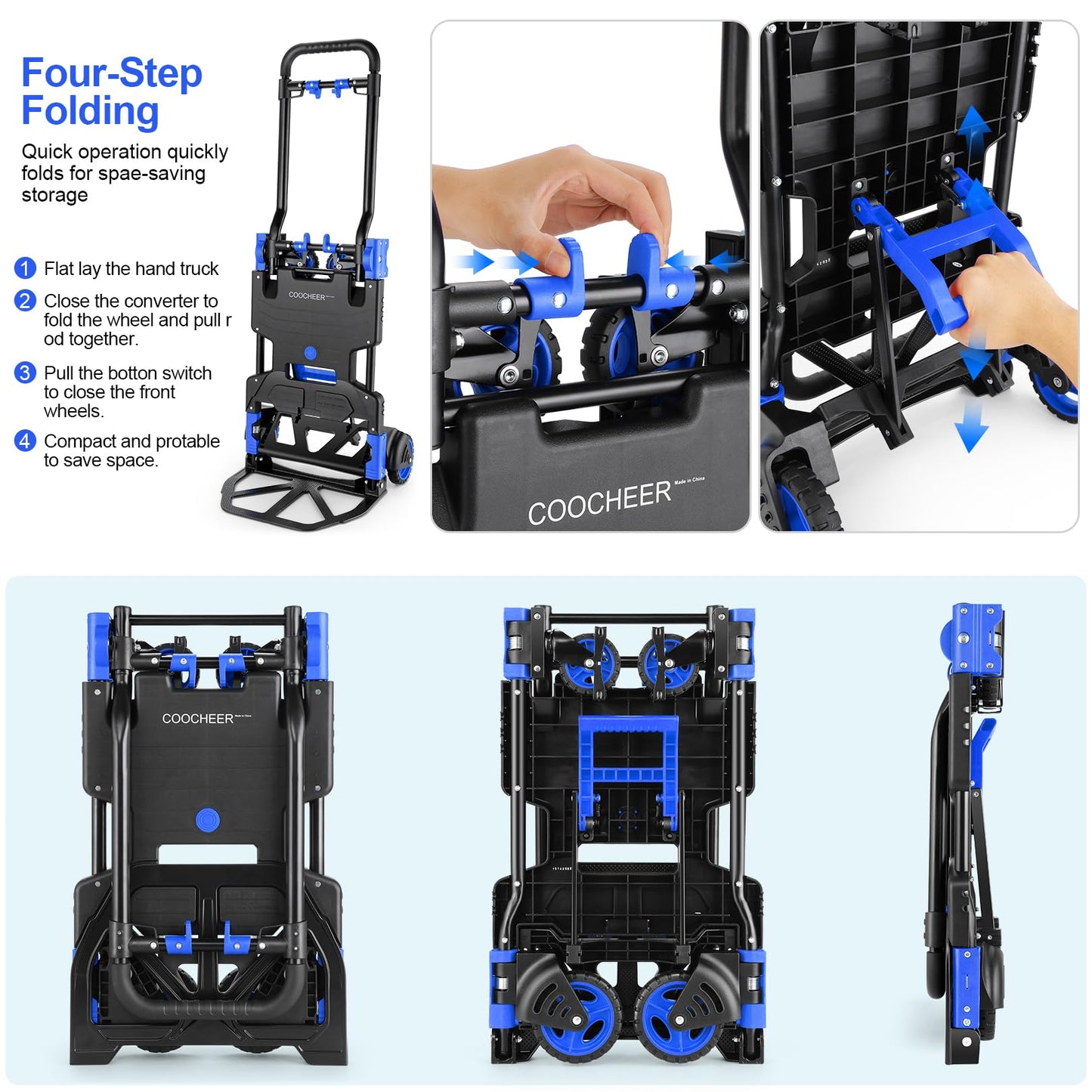 2-in-1Hand Truck Dolly Foldable with Folding Basket, 330LB Folding Hand Truck Heavy Duty Carrying, Combination of 4 Wheels and 2 Wheels Convertible Dolly Cart with Retractable Handle Dolly for Moving