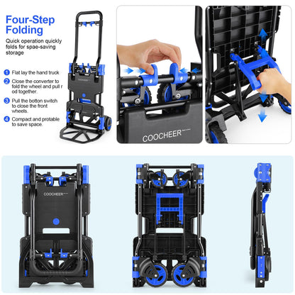 2-in-1Hand Truck Dolly Foldable with Folding Basket, 330LB Folding Hand Truck Heavy Duty Carrying, Combination of 4 Wheels and 2 Wheels Convertible Dolly Cart with Retractable Handle Dolly for Moving