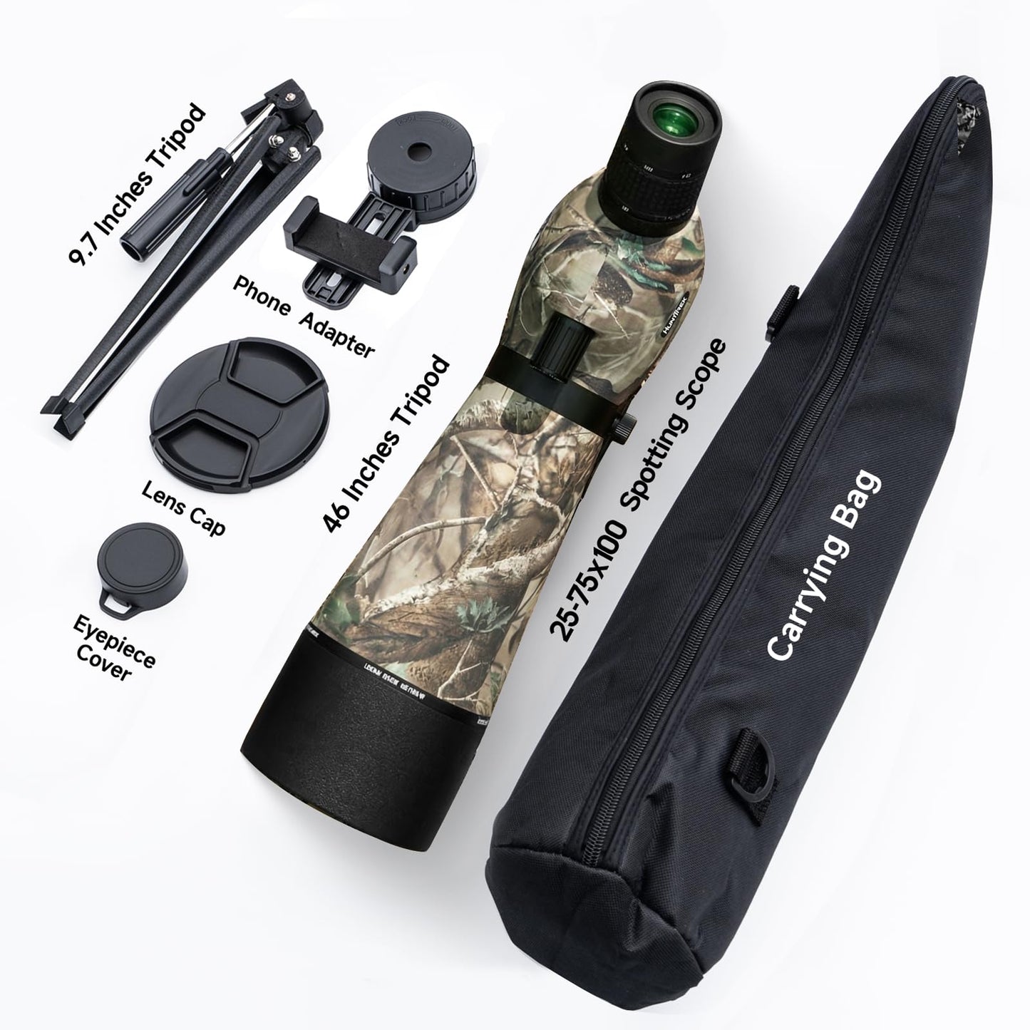 HuntTrek 25-75x100 Spotting Scope with 9 Inches Short Tripod Phone Adapter Carrying Bag Spotter Scope for Target Shooting Bird Watching Wildlife Viewing Camo