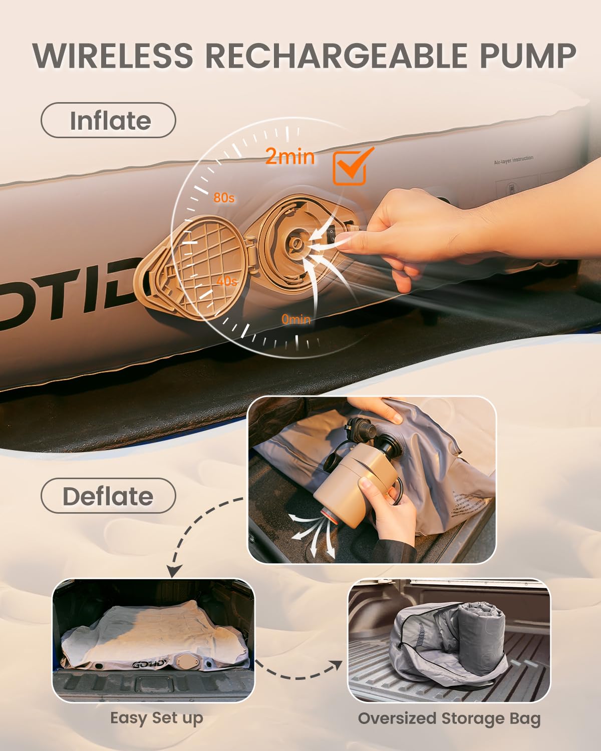 Inflatable Truck Bed Mattress for Tacoma Truck Air Mattress 5ft-5.5ft for Mid-Size Pickup with Detachable Tailgate Extension, Honda Ridgeline Jeep Gladiator JT,Space-Optimized Design, Built in Pump