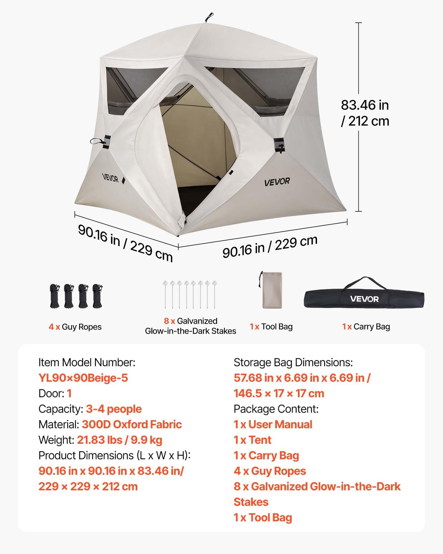 VEVOR Camping Tent, 4 Person Pop Up Instant Cabin Tent with Wider Door Large Mesh Windows, 83.5" High, 60 Seconds Easy Setup, Portable Cabin Hub Tents with Carry Bag for Family Outdoor Camping Hiking