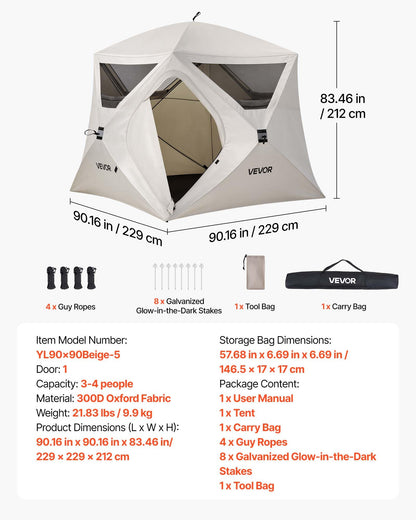VEVOR Camping Tent, 4 Person Pop Up Instant Cabin Tent with Wider Door Large Mesh Windows, 83.5" High, 60 Seconds Easy Setup, Portable Cabin Hub Tents with Carry Bag for Family Outdoor Camping Hiking