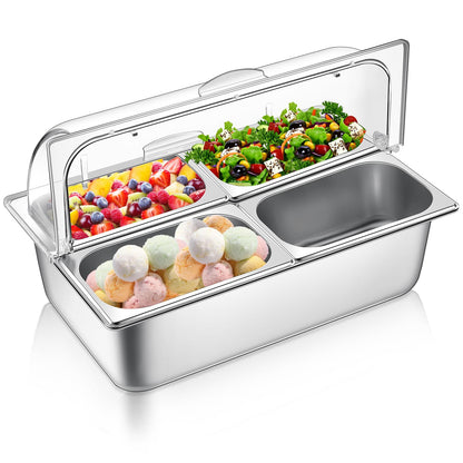 Ziliny Countertop Food Serving Display Container and Clear Roll Top Cover Stainless Steel Food Serving Tray Buffet Condiment Dispenser Display Rack for Restaurant Kitchen(Silver,21 x 13 x 13'')