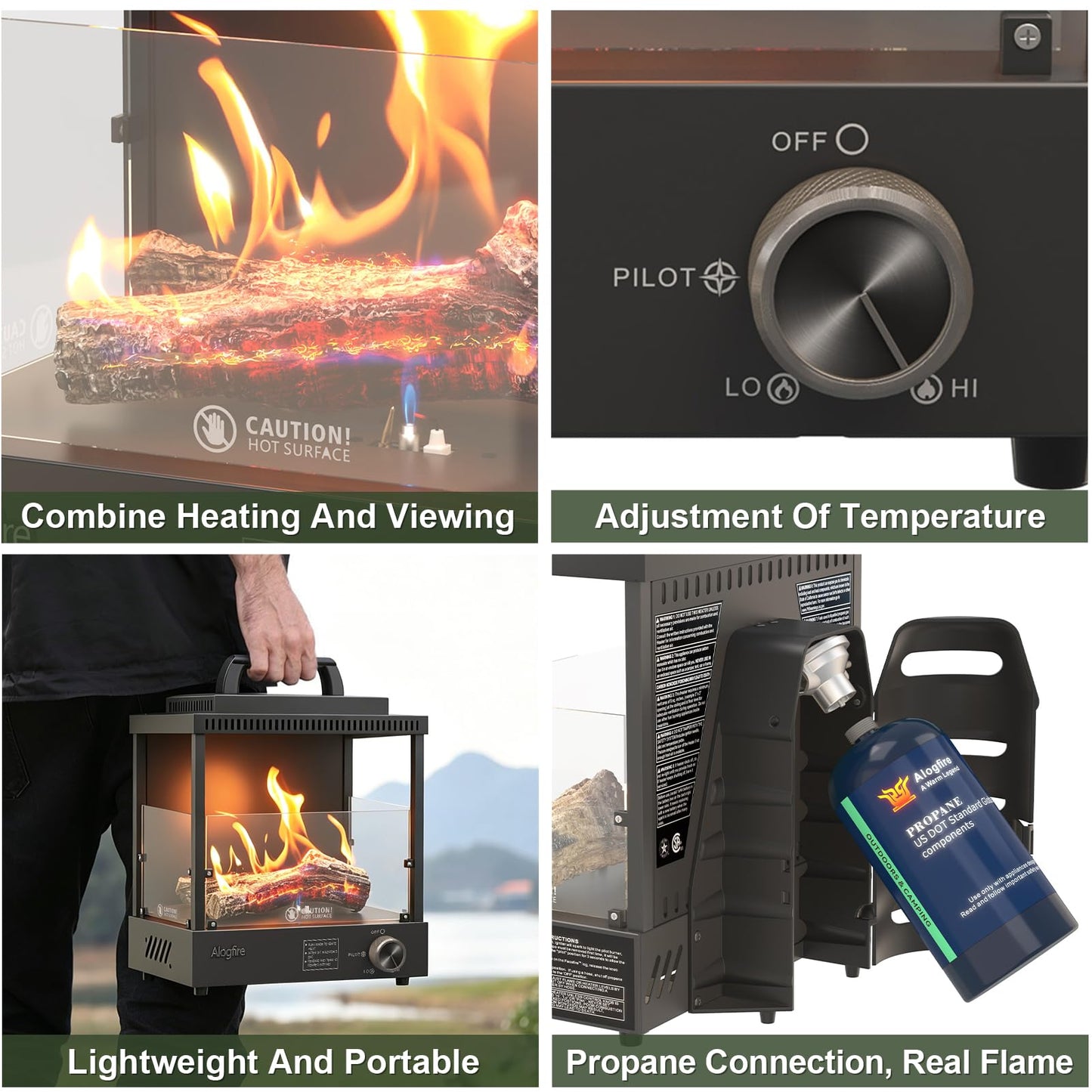 Portable Gas Fire Pit, Alogfire 8200 BTU Propane Gas Heater and Outdoor Real Flame Tabletop Fire Bowl, Protable Stove with Safety Protection for Beach Gatherings, Backyard Stargazing Nights