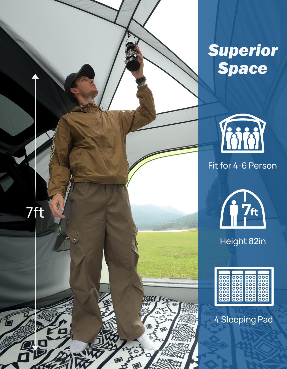 JOYTUTUS SUV Tent for Camping with Rainfly 2026 Upgrade, Strong Four Steel Frame Poles, 5-9 Person Big Car Tent with Ventilated Double Door, Movie Screen, 8' W X 10' L X 7' H, Fit for SUV CUV Van