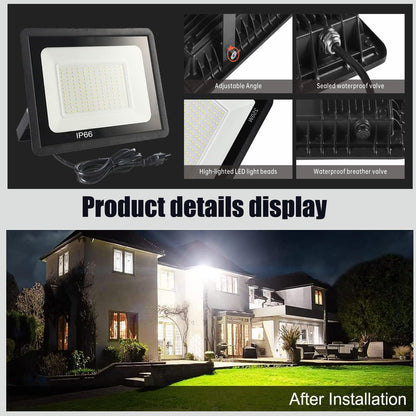 STARFISHHOME 4Pack 250W LED Flood Light Outdoor,25500LM LED Work Light with US Plug,6000K Daylight White,IP67 Waterproof Outdoor Floodlights for Yard,Garden,Playground