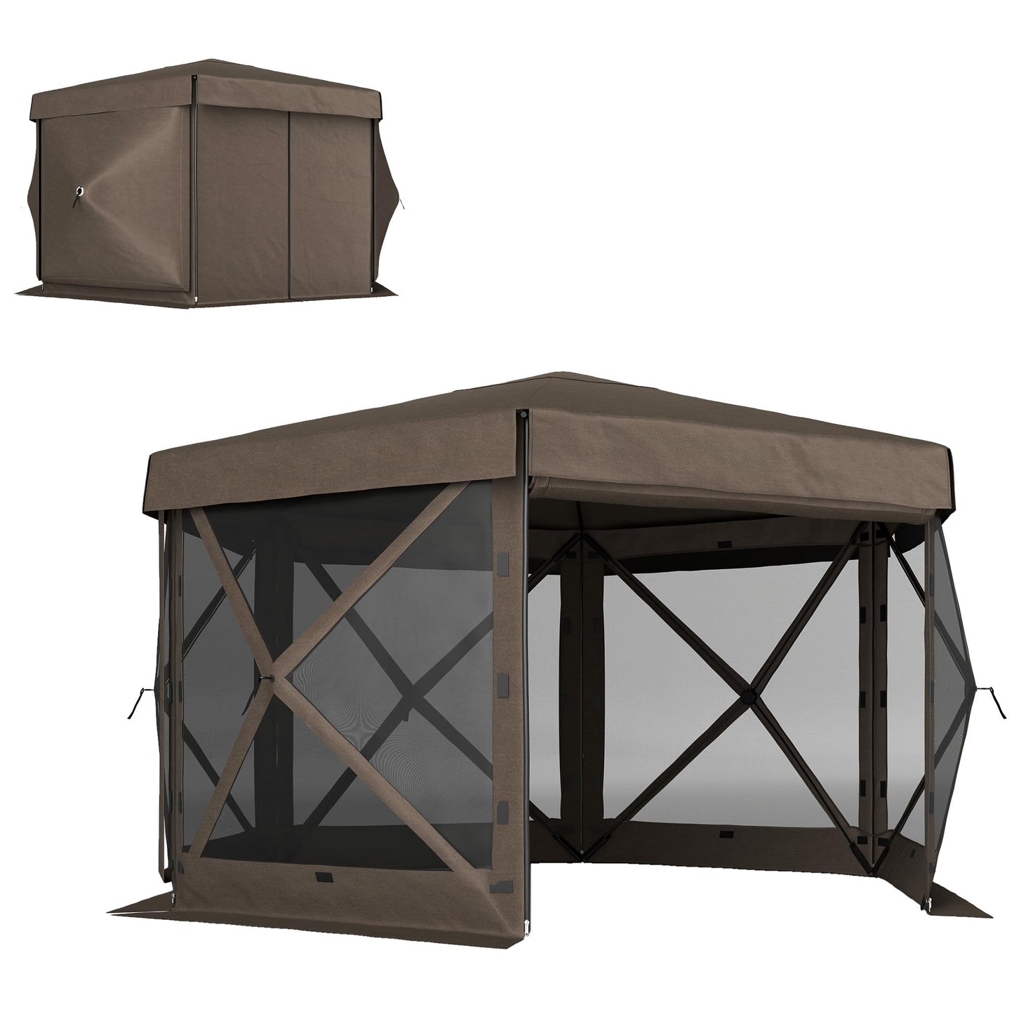 Outsunny 12' x 12' Hexagonal Pop Up Gazebo Tent with 5 Sidewalls, Waterproof Portable Outdoor Canopy Shelter with Curtains, Carry Bag, 5 Ropes, 11 Stakes for Camping, Garden, Patio, Brown