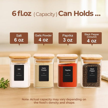 ComSaf 16-Piece Spice Jar Set - Airtight Glass Containers with Bamboo Lids & Labels | 6oz Square Jars