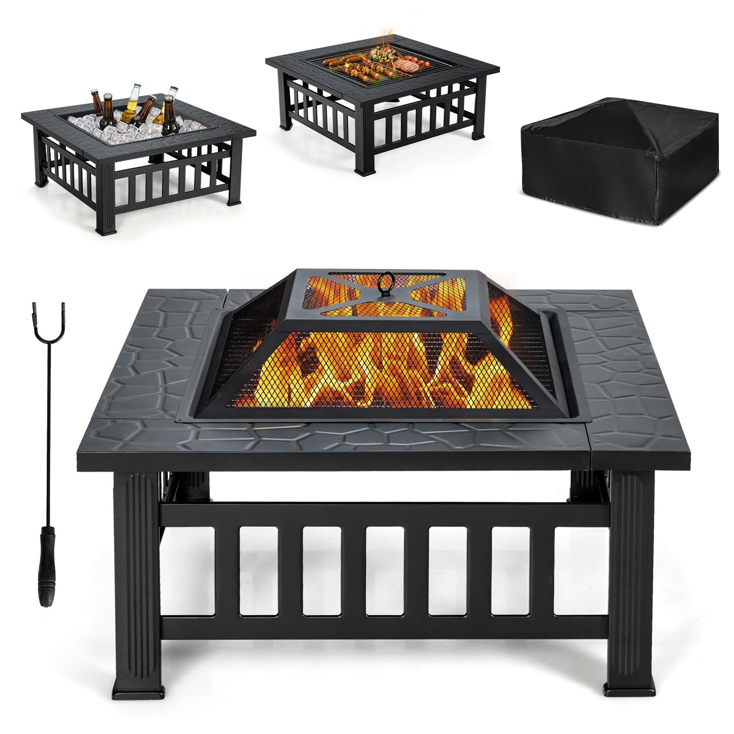 OFFICEJOY 32 inch Outdoor Fire Pit, 3 in 1 Bonfire Wood Burning Fire Pit Table with Spark Screen, BBQ Grill, Poker, Rain Cover, Log Grate, Metal Bonfire Stove Firepit for Outside Backyard Patio