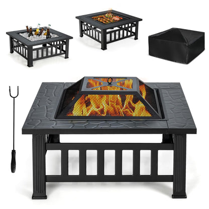 OFFICEJOY 32 inch Outdoor Fire Pit, 3 in 1 Bonfire Wood Burning Fire Pit Table with Spark Screen, BBQ Grill, Poker, Rain Cover, Log Grate, Metal Bonfire Stove Firepit for Outside Backyard Patio