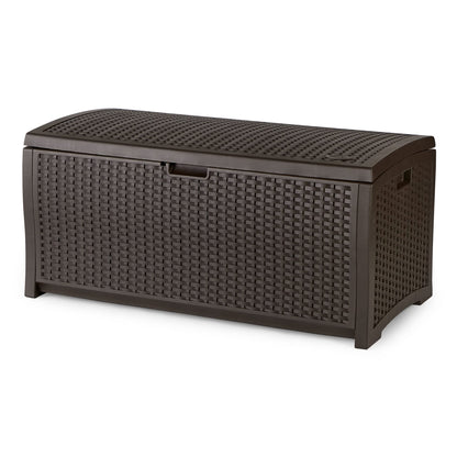 Suncast Outdoor Storage Box - 73 Gallon Mocha Brown Deck Box for Patio, weather-resistant Outdoor Storage Bench, Resin Wicker Style, Heavy-Duty, Lockable Lid for Cushions, Shoes, Pool & Garden Gear