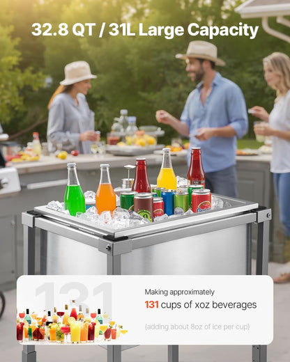 VEVOR Rolling Ice Chest Cooler Cart, Stainless Steel Cooling Bin on Wheels, 32.8 Quart Outdoor Stand Up Cooler Trolley with Shelf, for Patio Backyard Party Bar Cold Drinks(22" L x 16" W x 38" H)