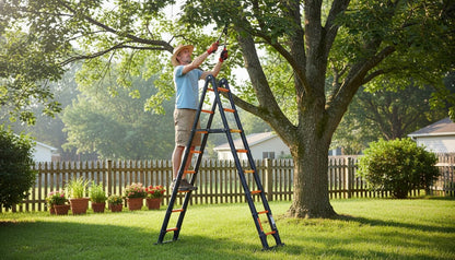 JADDUO Telescoping Ladder A Frame, 16.5 Ft Compact Aluminum Extension Ladder, Portable Telescopic RV Ladder for Outdoor Camper Trips Motorhome with Tool Platform and Stabilizer Bar, 330 lbs，Black