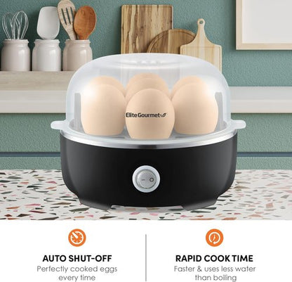 Elite Gourmet Easy Egg Cooker - Electric 7-Egg Capacity with Auto Shut-Off | Classic Black, BPA Free