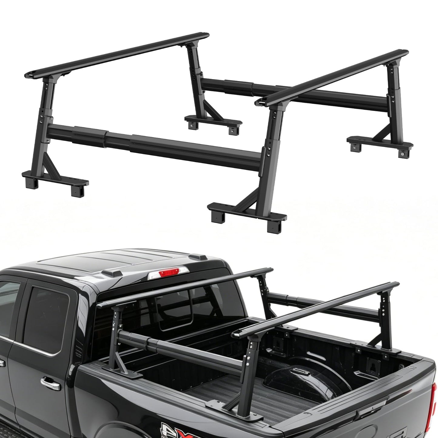 Adjustable Aluminum Truck Ladder Rack - Fits Ford F-150, Dodge Ram & Chevy Silverado, 800lbs Dynamic / 1000lbs Static Load, Tool-Free Non-Drilling Installation, Micro-Inward Tilt for Stable Cargo