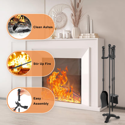 Gtongoko Fireplace Tools Set 4 Pcs 30 Inch Black Wrought Iron Bundle 8ft Firewood Rack Outdoor with Cover