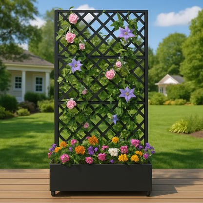 Metal Raised Garden Bed with Trellis and Wheels, 72"x47" Planter Box for Climbing Plants, Vegetables & Vines, Features Drainage Holes and Privacy Screen