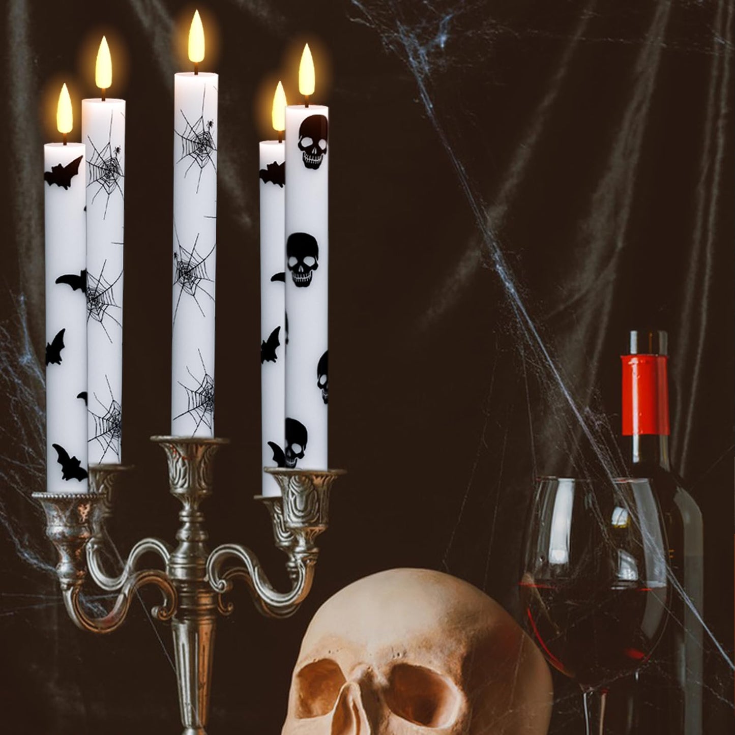 Wondise Halloween Flameless Taper Candles with Remote & Timer, Battery Operated with Spider Web, Bats, Skull, Real Wax 3D Wick LED Candles for Halloween Decorations