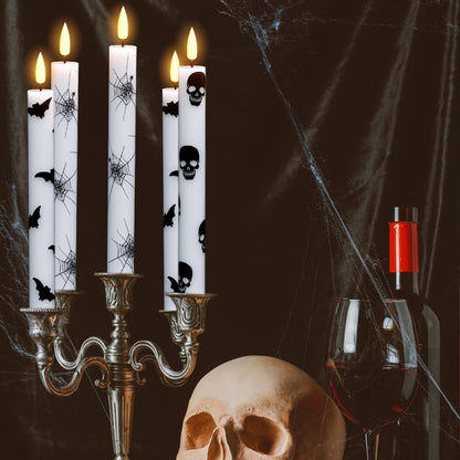 Wondise Halloween Flameless Taper Candles with Remote & Timer, Battery Operated with Spider Web, Bats, Skull, Real Wax 3D Wick LED Candles for Halloween Decorations