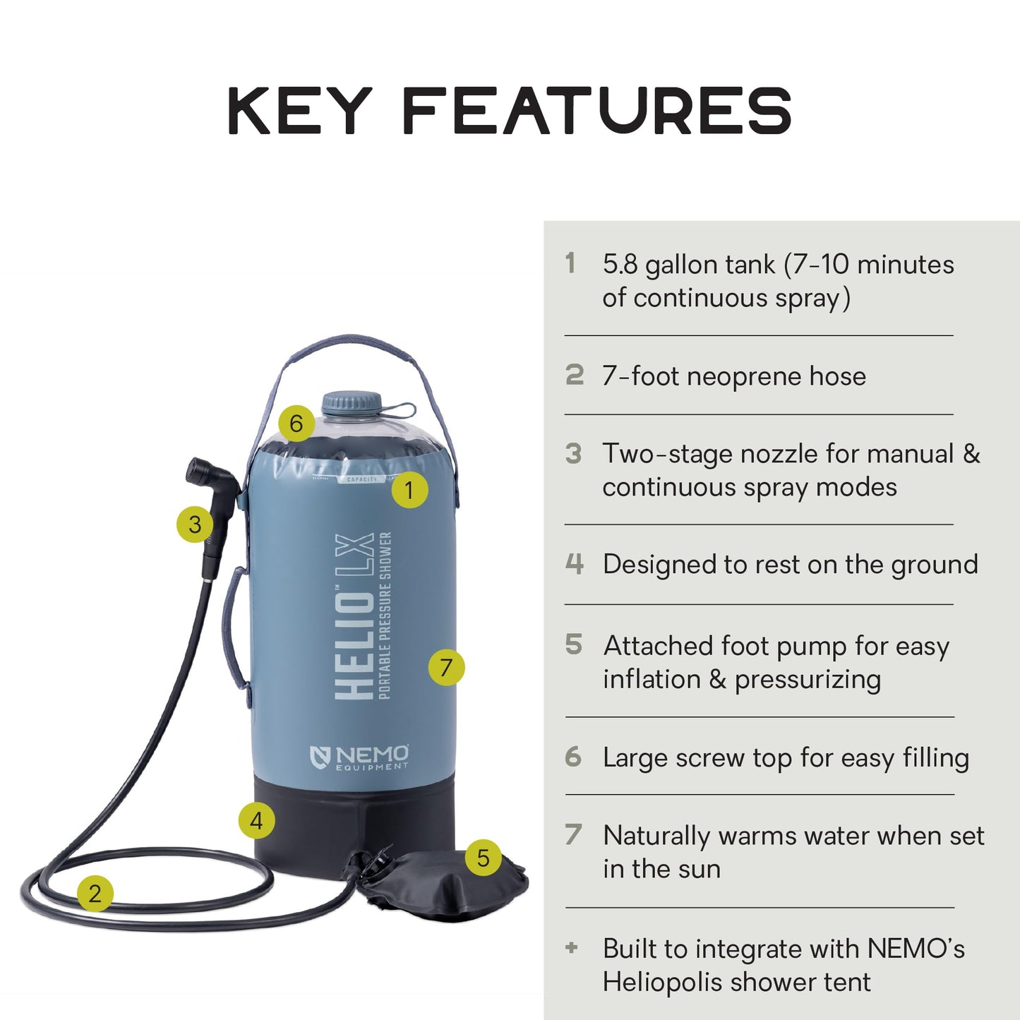 Nemo Equipment Helio LX Portable Pressure Shower - Fortress/Silt/Black - 22L