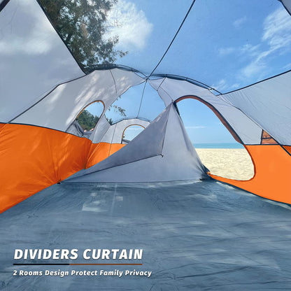UNP Camping Tent 10-Person Family Tents, Big, Easy up, 5 Large Mesh Windows, Double Layer, 2 Room, Waterproof, Weather Resistant, 18ft x 9ft x78in (Orange)